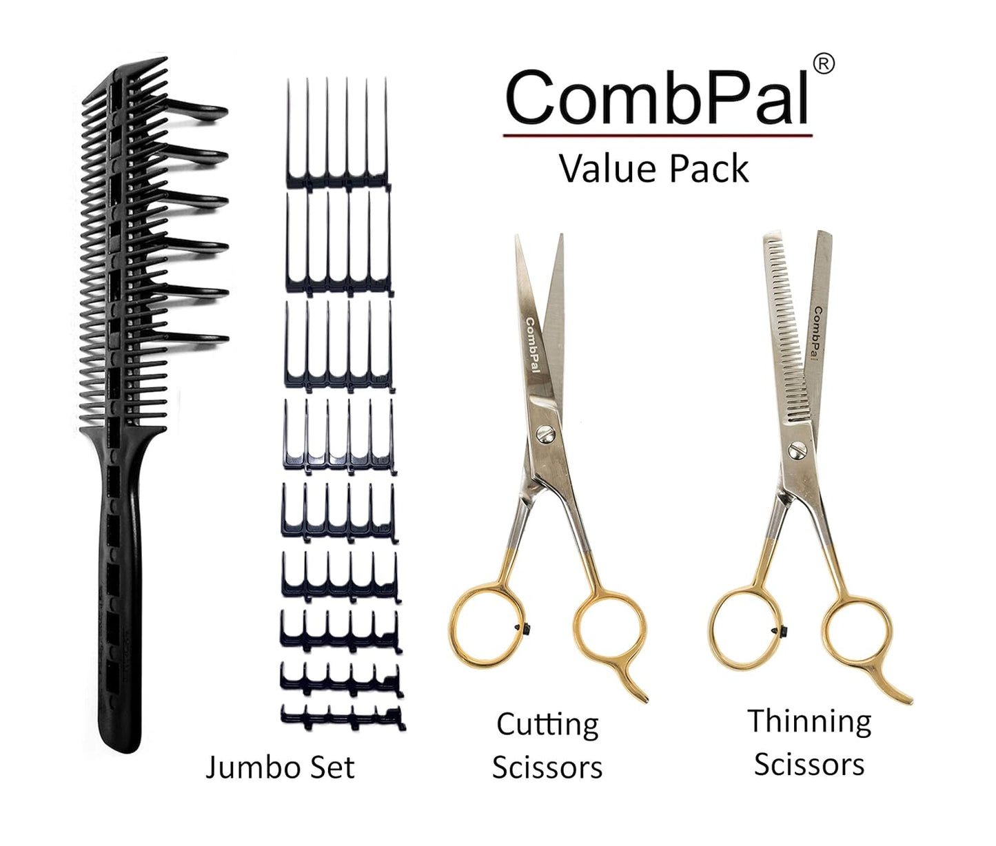 Scissor Clipper Over Comb Hair Cutting Tool - Barber Hair Cutting kit - DIY Home Hair Cutting Guide Comb Set (Jumbo Value-Pack, Black)