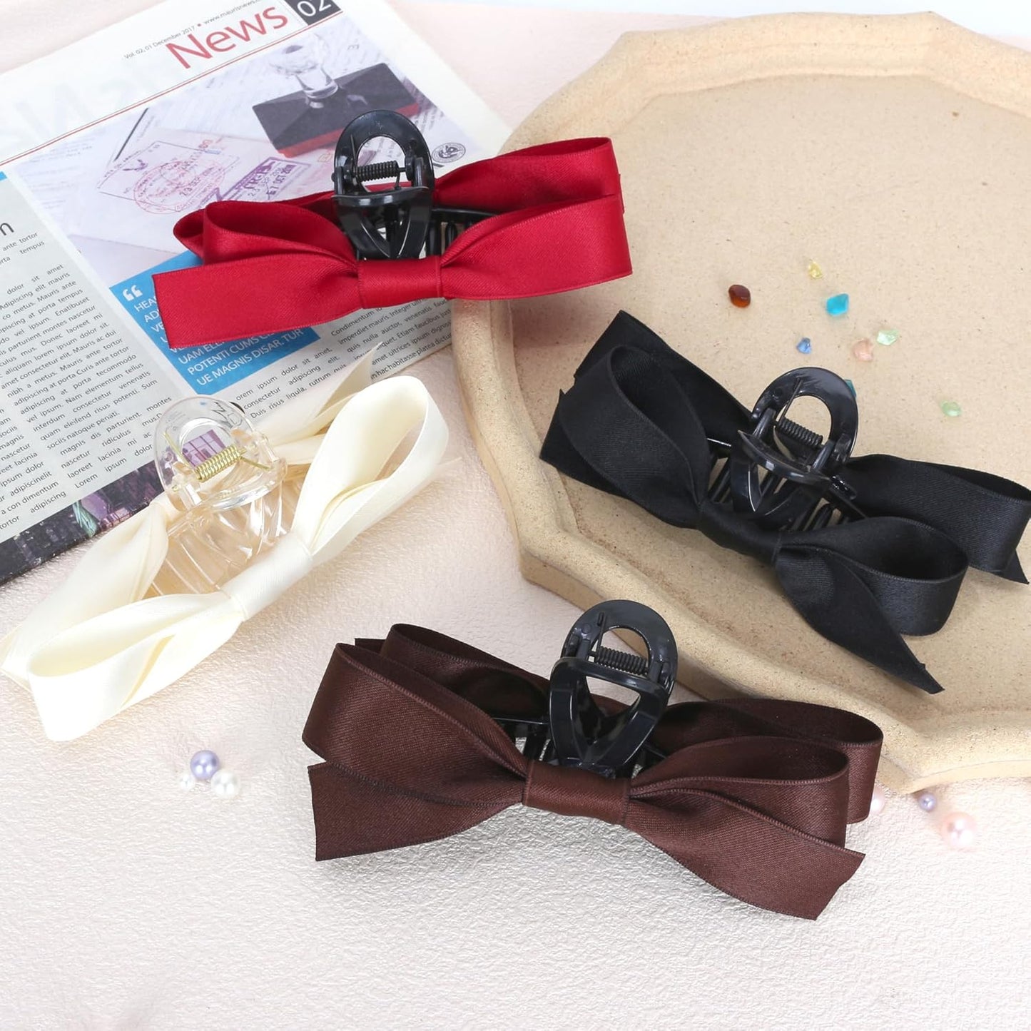 FAELBATY Silky Satin Hair Claw Clips with Big Bows - Non-Slip Claw Clips for Thin or Thick Hair, Gift Set for Women and Girls, Wedding Bridesmaids - 4 PCS