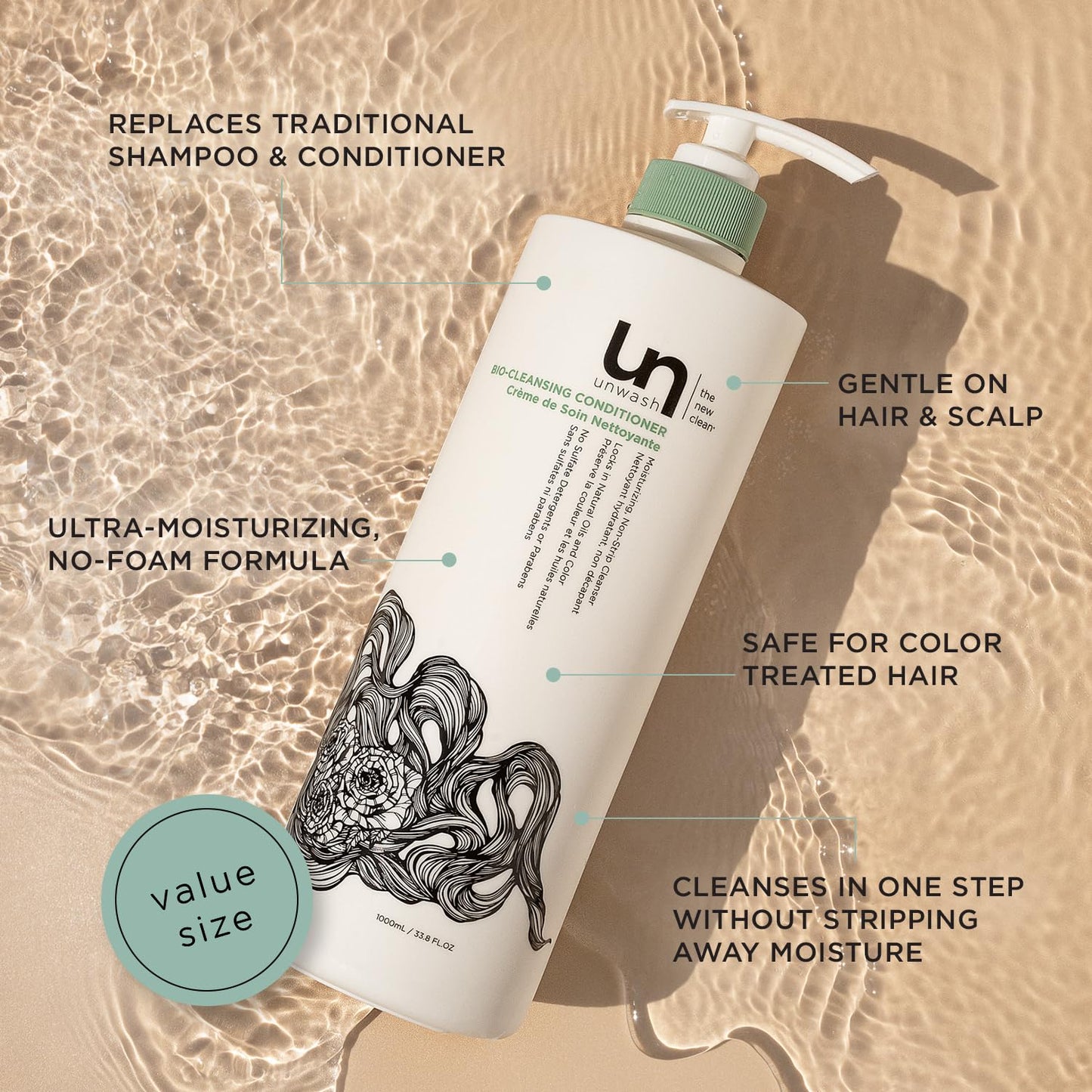 Unwash Bio-Cleansing Conditioner - Gentle, Hydrating Co-Wash Cleansing Conditioner, Sulfate & Paraben Free, for Curly, Coily & Dry Hair, 33.8 fl oz