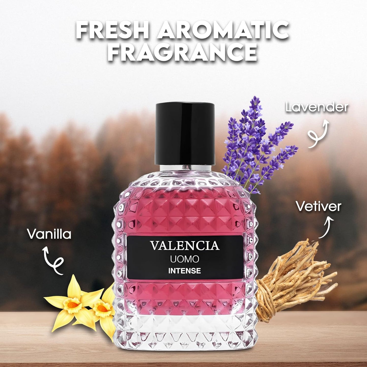 Valencia UOMO Intense Sensual Woody Fragrance for Men | Long Lasting Cologne Aromatic Scent, Eau de Parfum Natural Spray - Great Holiday Gift, 3.4 Fl Oz/100 Ml