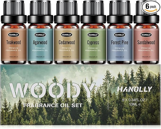 Woody Essential Oils Set, Woody Scents Fragrance Oil Aromatherapy Essential Oils Kit for Diffuser (6x10ML) - Sandalwood, Cedarwood, Teakwood, Agarwood, Cypress, Forest Pine Aromatherapy Oils