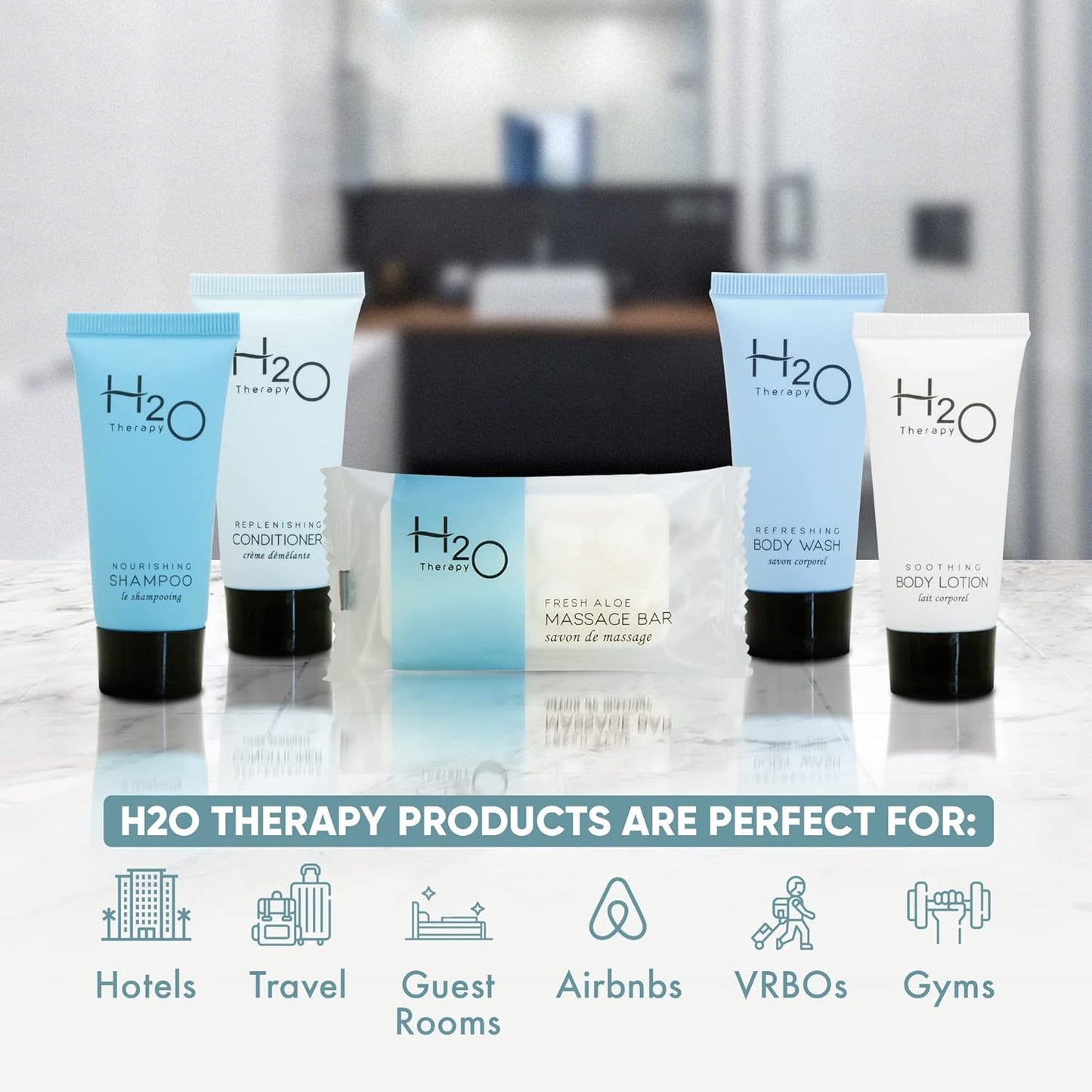 H2O Therapy Hotel Soaps & Toiletries Bulk Set | 1-Shoppe Amenities Kit | 0.85oz Shampoo & Conditioner, Body Wash, Lotion, 1oz Bar Soap | Travel Size | 150 Pieces