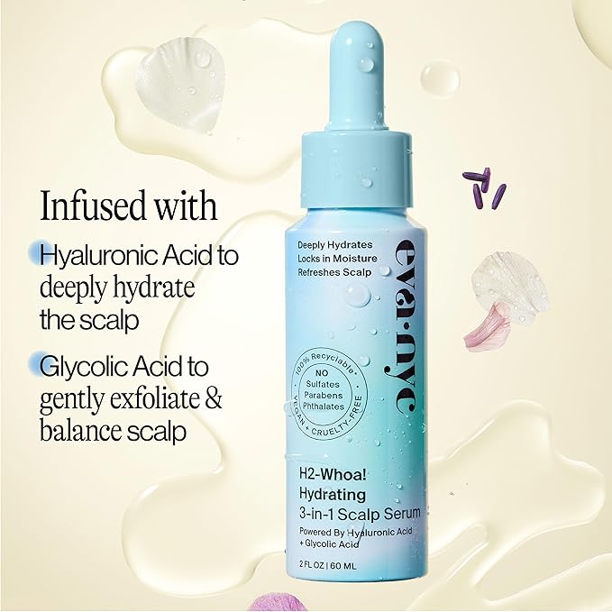 Eva NYC H2-Whoa Hydrating 3-in-1 Scalp Serum, Infused with Hyaluronic Acid and Glycolic Acid, 2.0 fl oz
