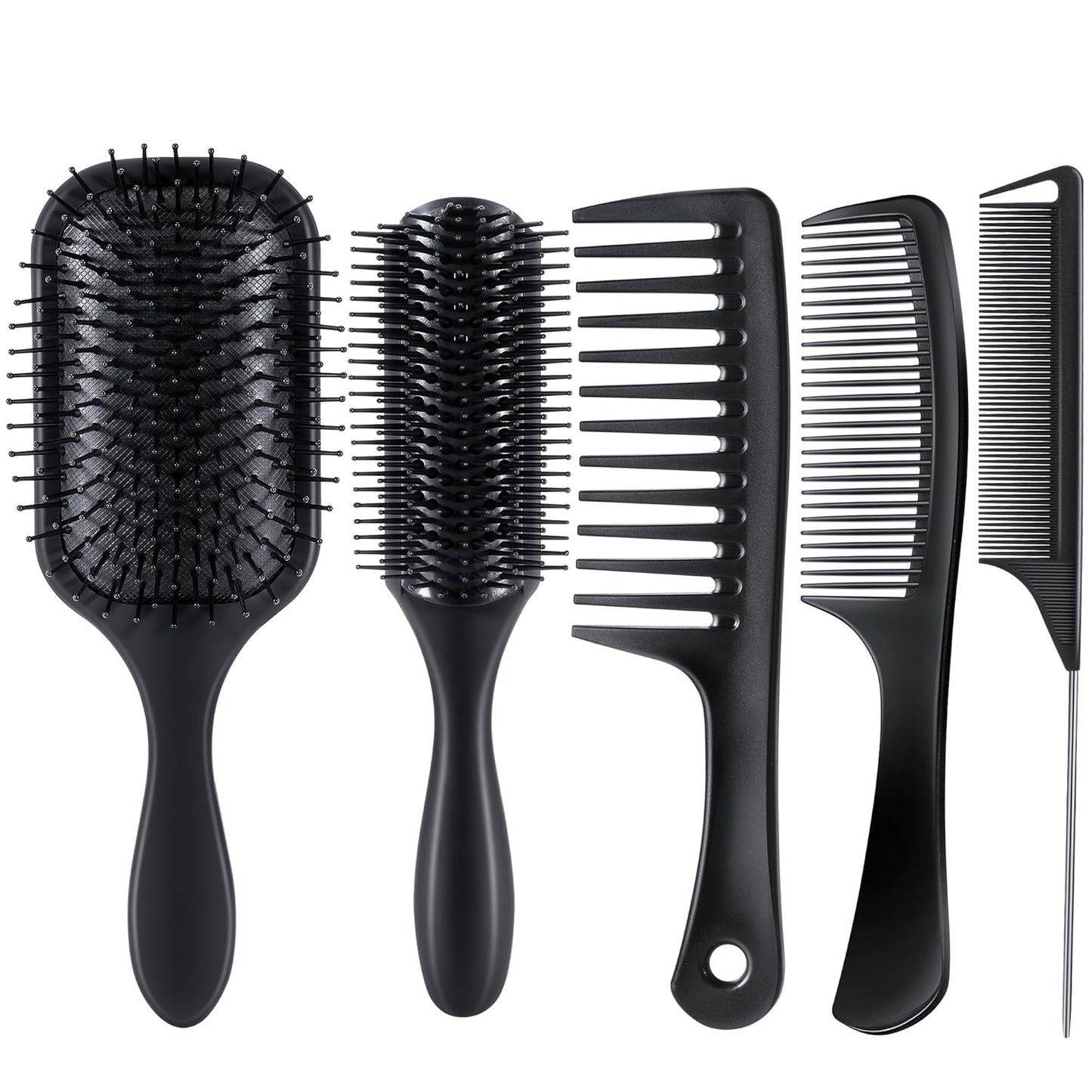 SALONSILK 5PCS Hair Brush Comb Set, Women Men Paddle Styling Hair Brushes Wide Fine Tooth Combs, Rat Tail Parting Barber Professional Set for Detangling, Thick, Natural, Thin, Curly