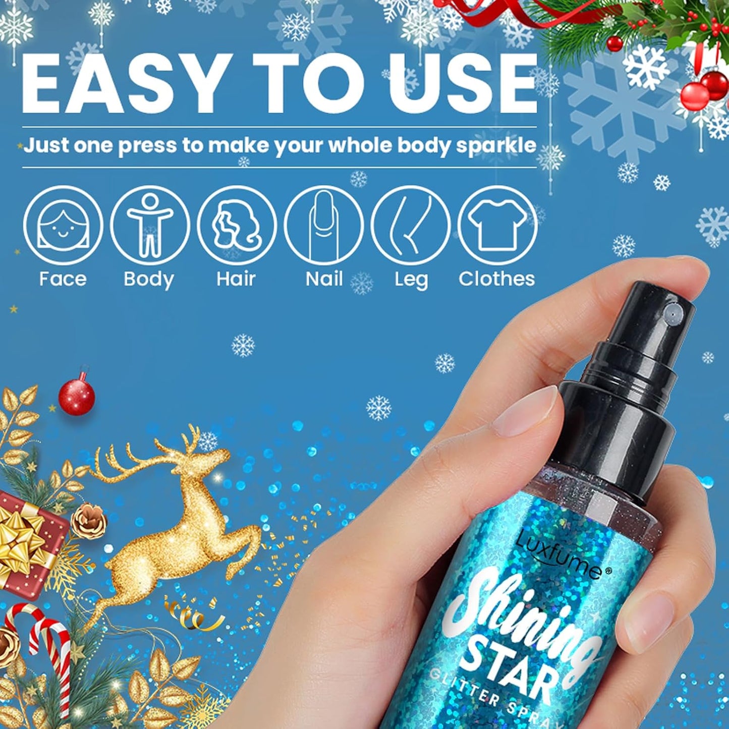 MEICOLY Blue Body Glitter Spray,100ML(3.53OZ),Liquid Glitter Hairspray,Sparkle Hair Spray,Glitter Spray for Hair/Body/Clothes,Body Shimmer for Skin,Lightweight,Long Lasting