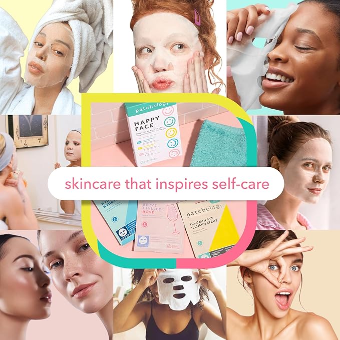 Patchology Face Mask Variety Pack - Brightening Face Mask with Vitamin C stimulates collagen, Hydrating Face Masks with Hyaluronic Acid soften skin, Renewing Face Masks with Strawberry (6 Masks)