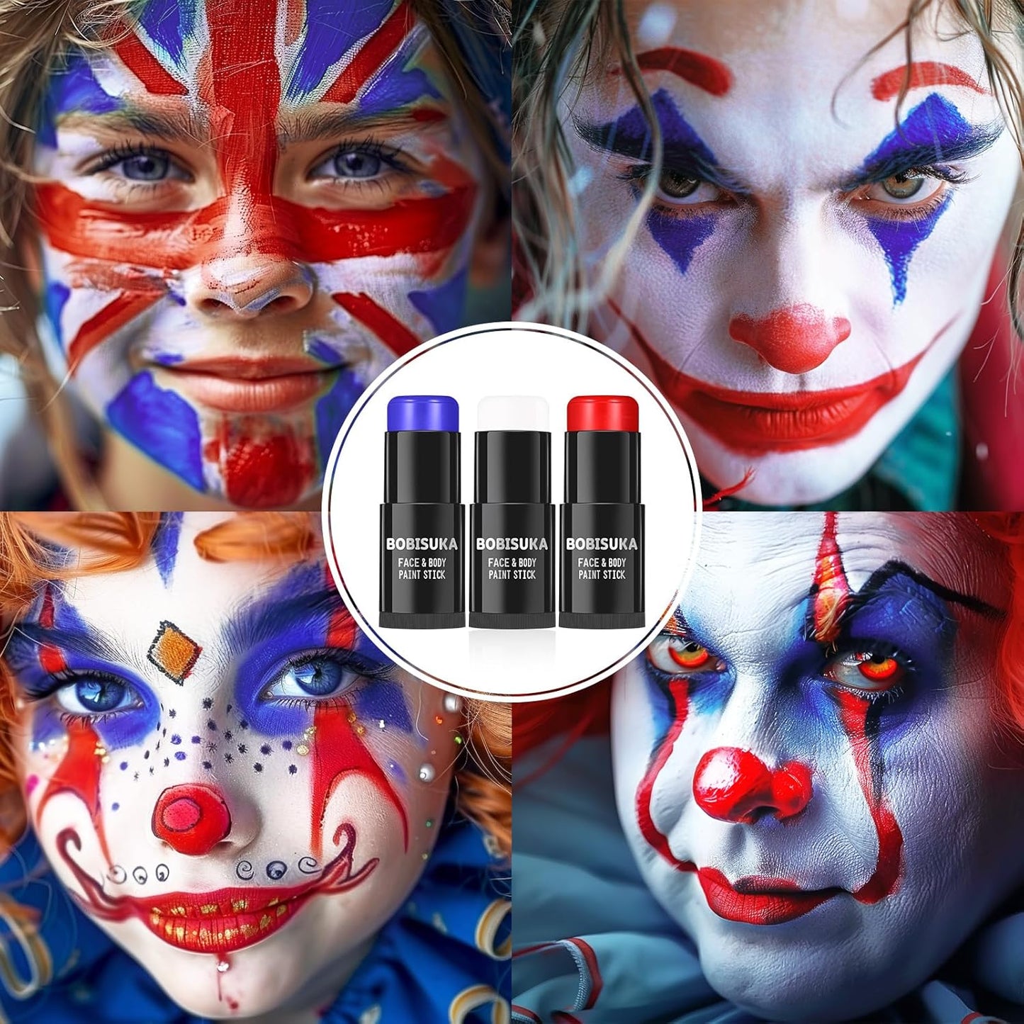 BOBISUKA Red White Blue Face Paint Stick Kit, Eye Black Sticks for Football Baseball Softball Lacrosse American-Flag, Body Paints Makeup Kit for Halloween Cosplay Special Effects Costume SFX