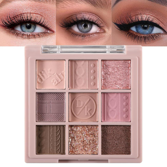 Erinde 9 Colors Eyeshadow Palette, Matte Shimmer Glitter Eye Shadow Makeup Palette, Highly Pigmented Long Lasting Waterproof, Natural Neutral Nude Eyeshadow Makeup Pallet, Pink Purple Rose