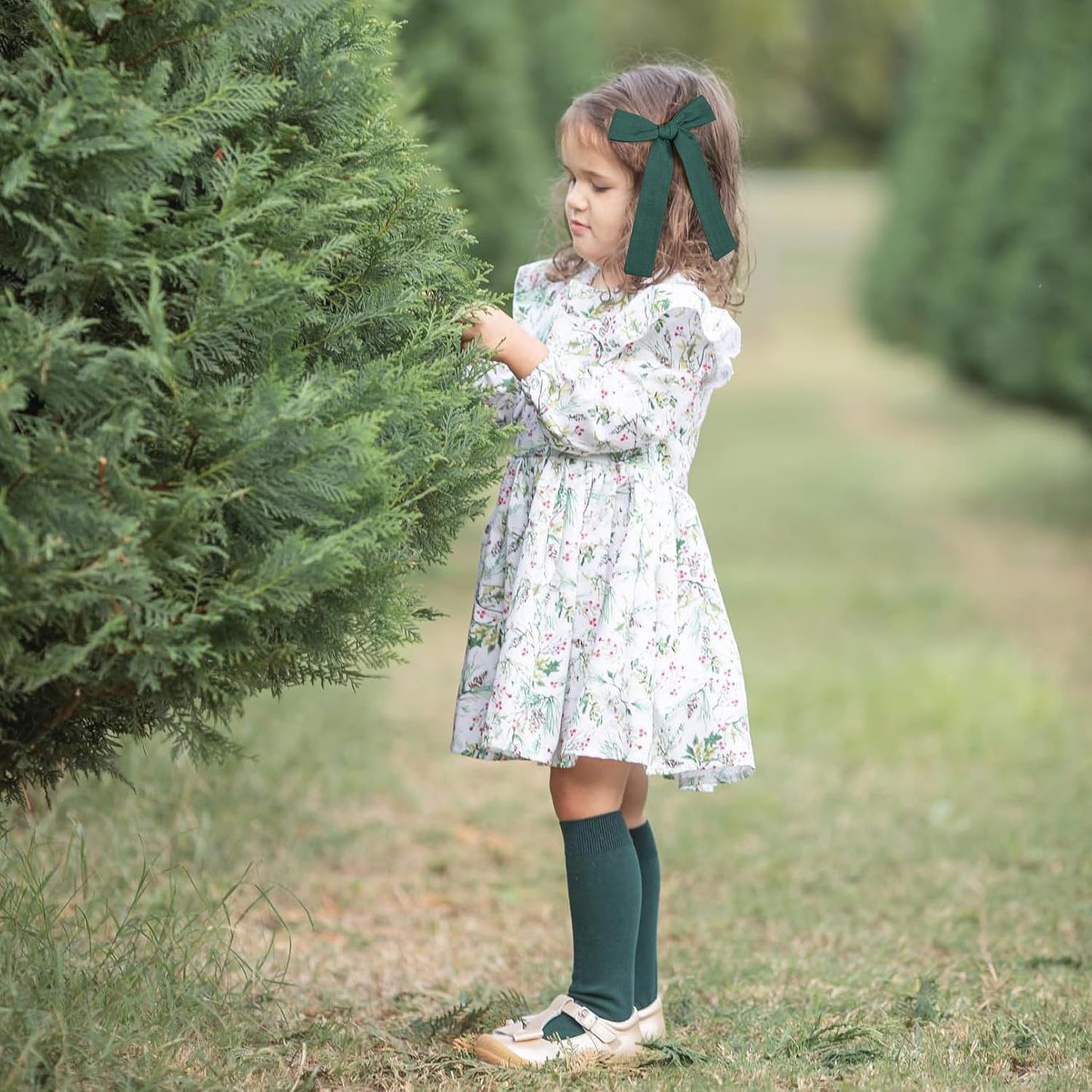 DEEKA Dark Green Cotton Linen Hair Bows 2 Sizes 5"&3.5" Soft Hair Bow set for Toddler Girls Long Ponytail Knot Bows Alligator Clip Hair Accessories for Little School Girls (Dark Green)