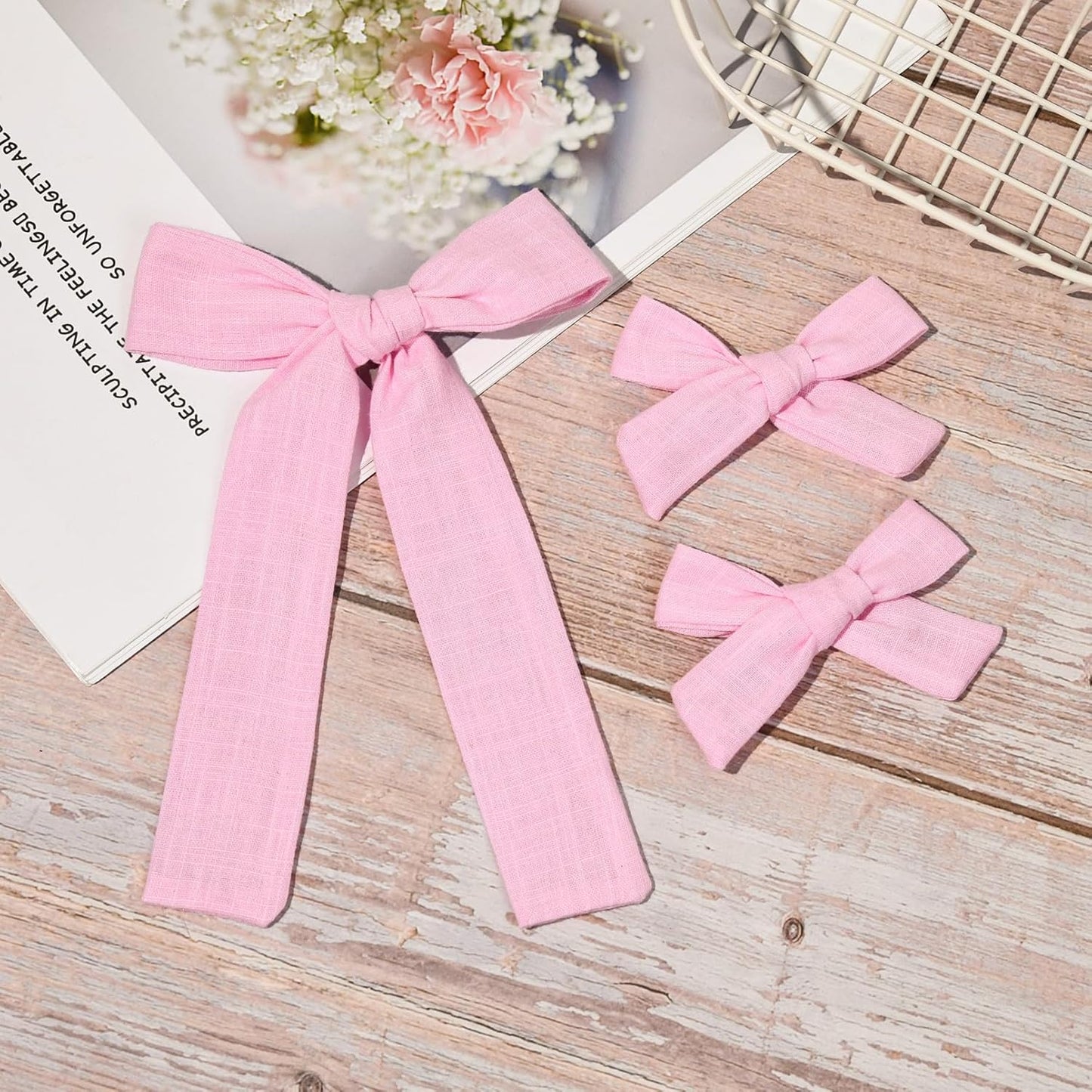 DEEKA Light Pink Cotton Linen Hair Bows 2 Sizes 5"&3.5" Soft Hair Bow set for Toddler Girls Long Ponytail Knot Bows Alligator Clip Hair Accessories for Little School Girls (Light Pink)