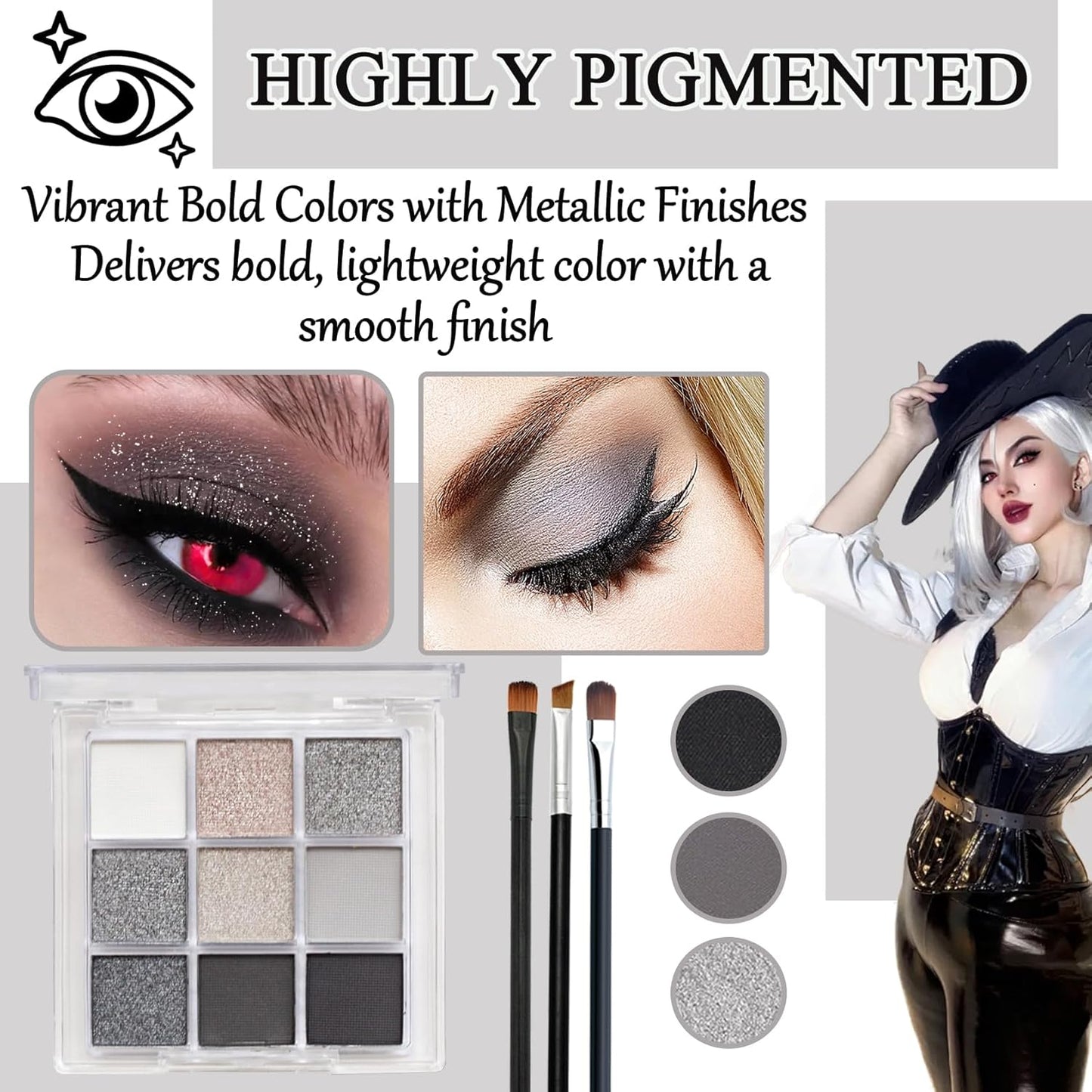 Black Grey Smoky Eyeshadow Palette,15 Colors Matte Shimmer Pigmented Eye Shadow Makeup Palette Set with 3 Eyeshadow Brushes,Glitter Eyeshadow Makeup Palette for Daily Halloween Goth Makeup(D)