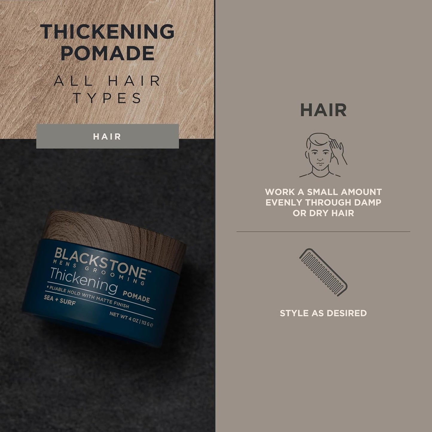 Blackstone Men's Grooming Hair Thickening Pomade - Pliable Hold with Matte Finish | Paraben & Cruelty-Free | Made in USA, Sea + Surf Scent (4 Oz)
