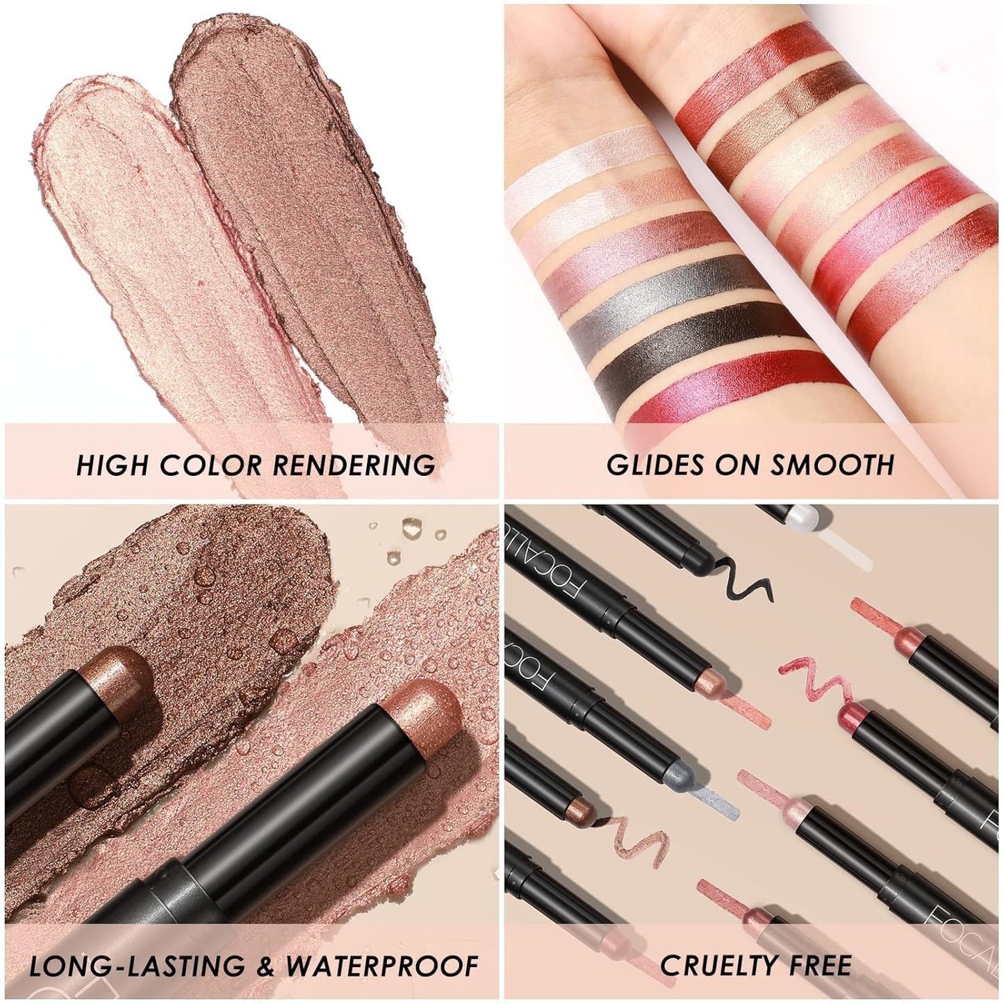 FOCALLURE 2 Pcs Cream Eyeshadow Stick,Brightener Eyeshadow Pencil Crayon,High Pigmented Eye Shadow Pen,Waterproof Long Lasting Eye Highlighter Stick,Straight-up Classy