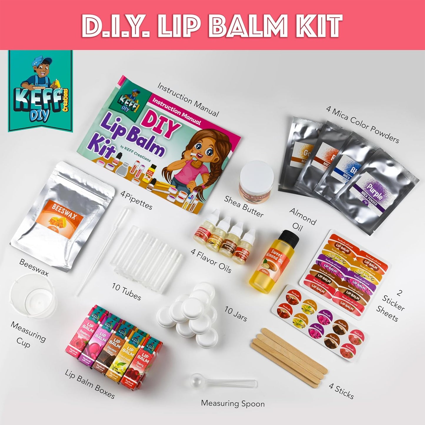 KEFF 51Pcs Lip Balm Making Kit - DIY Set for Natural Ingredients - Make Your Own Lip Gloss & Lip Balm for Kids Makeup Kit with Beeswax, Shea Butter, Flavor Oils, Mica Color Powders