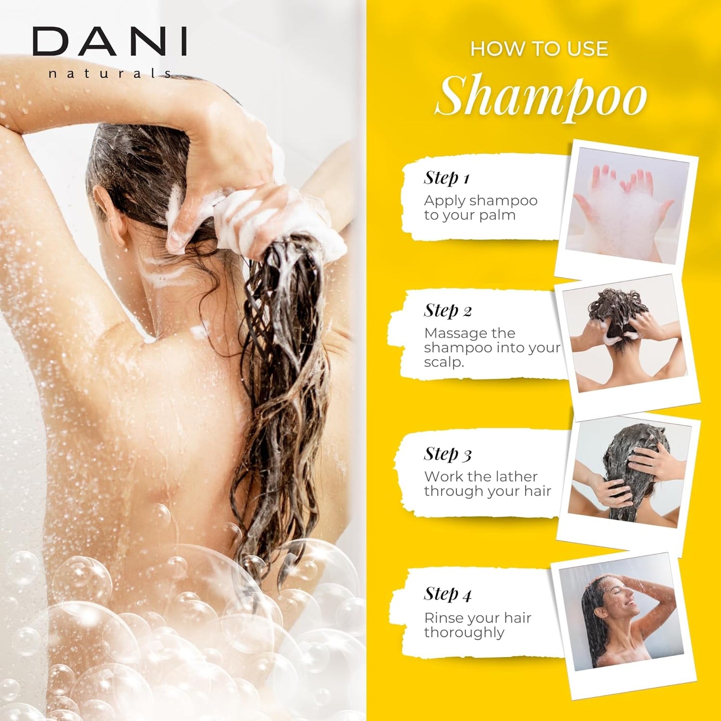 DANI Naturals Shampoo with Sandalwood Vanilla Scent promotes hair thickening, strengthens follicles, and supports hair re-growth. Sulfate-free, nourishing, and soothing