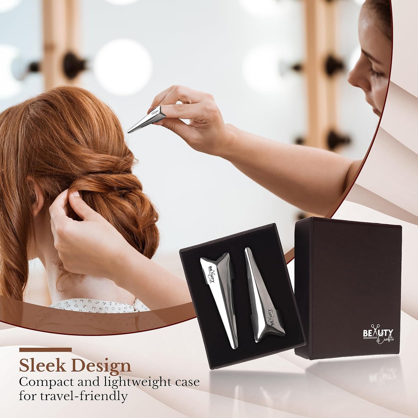 Beauty & Crafts 2PC Pro Hair Parting & Sectioning Rings (Straight & Curve)-Stainless Steel Finger Tool for Precise Hair Styling and Extension Installations -Parting Ring with Carrying Box (Silver)