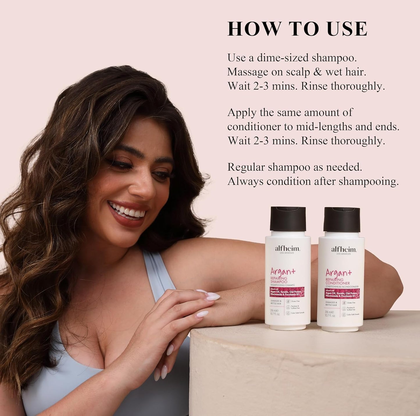 ALFHEIM Argan+ Repairing Shampoo & Conditioner Set for Dry, Damaged & Frizzy Hair with Argan Oil, Keratin, Oat Protein – Deep Repair, Shine & Frizz Control – Sulfate Free – Travel Size 10.7 oz × 2