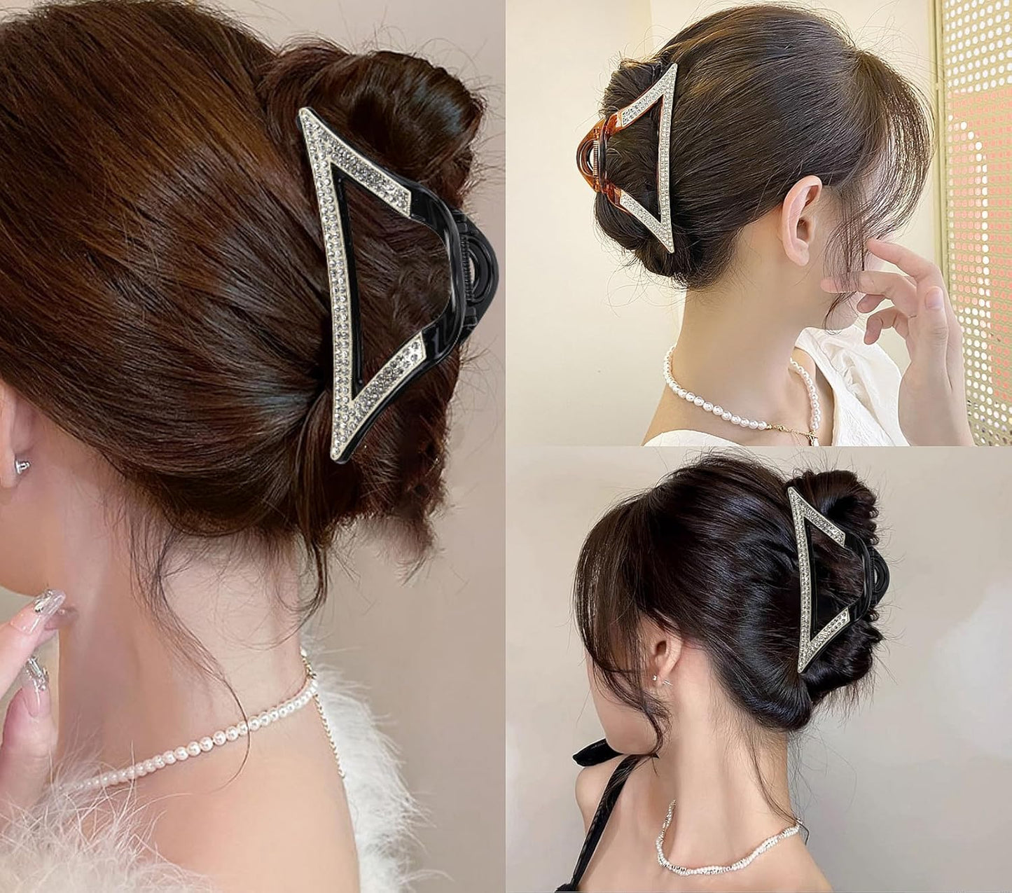 SINIDE Rhinestone Hair Clips, Triangle Crystal Claw Clips Nonslip Acrylic Metal Jaw Clip for Thick Long Hair, Fashion Elegant Clamps Accessories for Women Strong Hold Barrette for Styling (2 Pack)