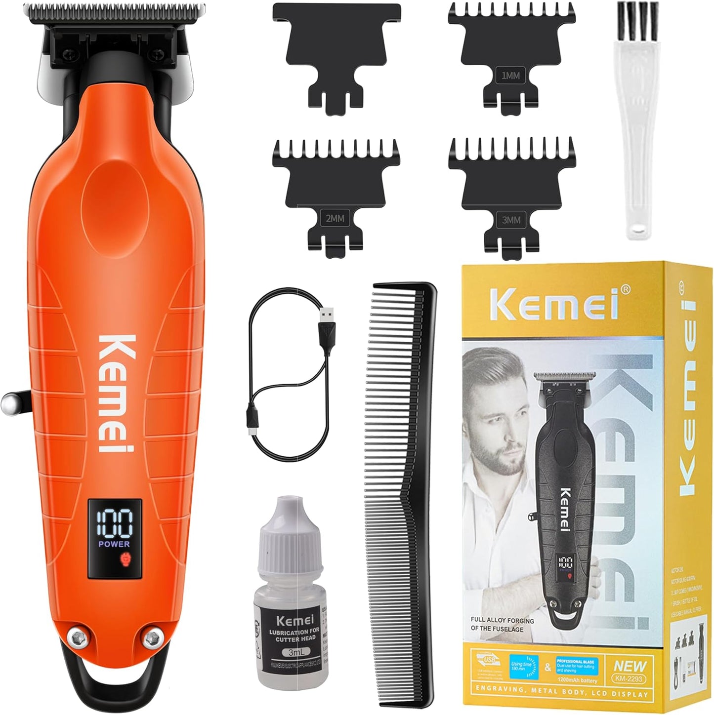 KEMEI 2293 Professional Hair/Beard Trimmer for Men Zero Gapped Hair Clippers for Barber with T Blade, Cordless Rechargeable, Orange