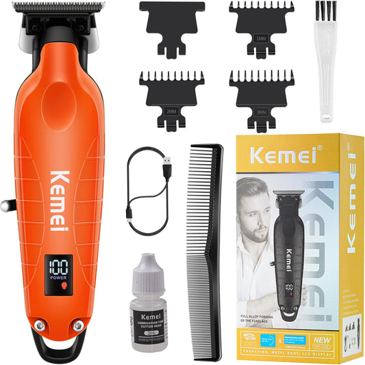 KEMEI 2293 Professional Hair/Beard Trimmer for Men Zero Gapped Hair Clippers for Barber with T Blade, Cordless Rechargeable, Orange