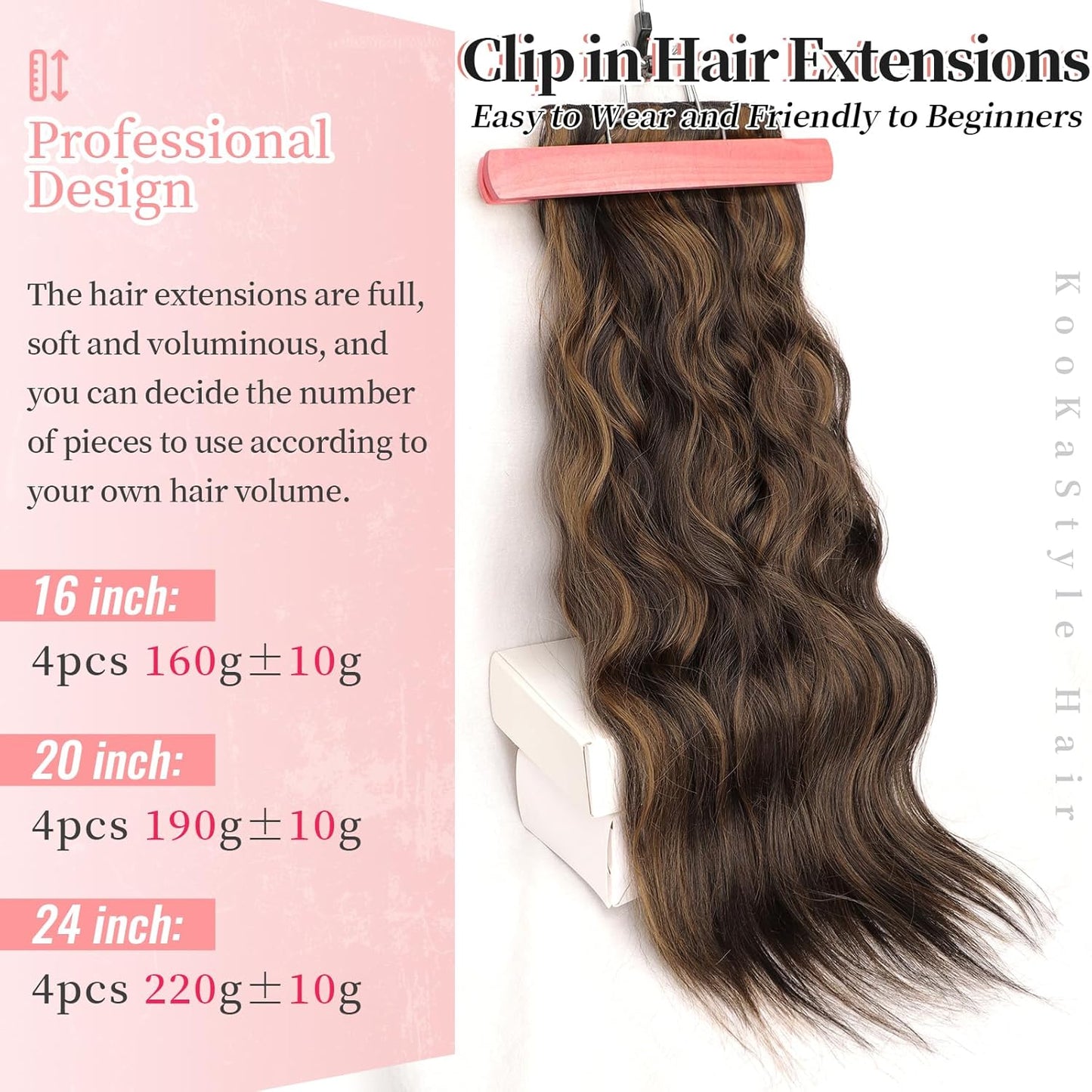 KooKaStyle Clip in Hair Extensions Long Wavy 4PCS Thick Hairpieces Synthetic Highlight Hair Extensions Balayage Dark Brown to Chestnut H2/426 Fiber Double Weft Natural 24Inch for Women