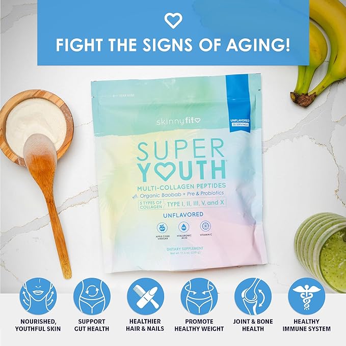 SkinnyFit Super Youth Unflavored Multi-Collagen Peptides + Probiotics, Baobab Fiber, Apple Cider Vinegar, Hyaluronic Acid, & Vitamin C, Skin, Hair, Joint & Metabolism Support, 30 Servings