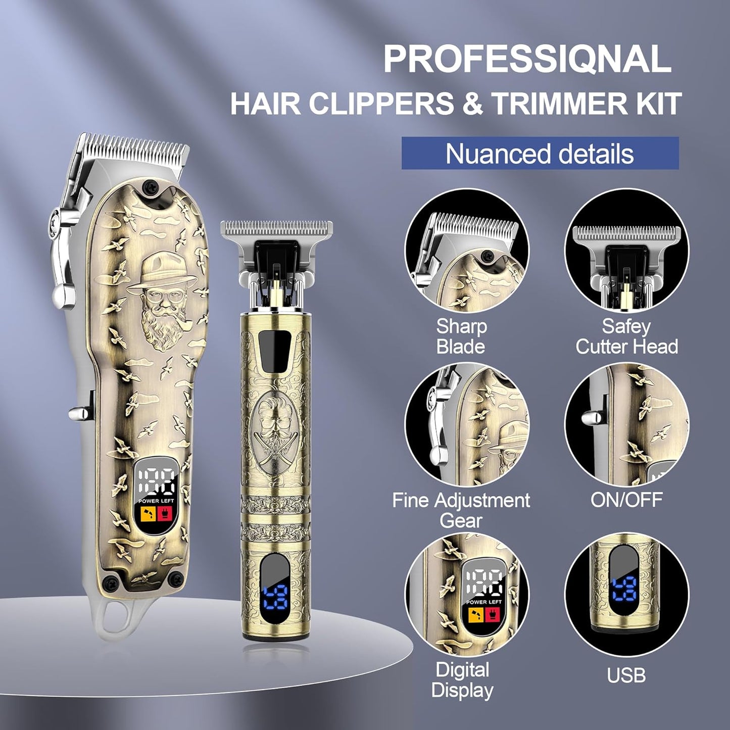 Hair Clippers Set for Men, Hair Clipper Trimmer with LED Display, Professional Cordless Hair Clipper Shaver Beard Trimmer, Hair Cutting Machine for Men, Holiday Gift for Him Father's Day Gift