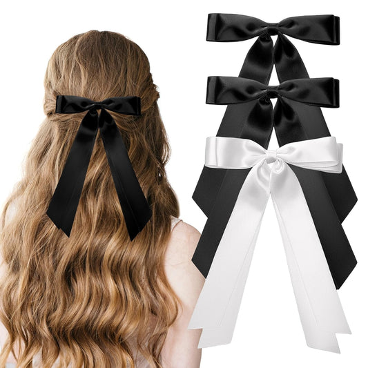 Hair Bows Silky Satin Bow Hair Clips Hair Ribbon for Women Hair Barrettes Alligator Clips Ponytail Holder Ribbon Bows for Hair Accessories, Black White