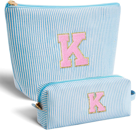 Monogrammed Gifts for Women - Cosmetic Bag for Teen,Initial Cute Makeup Bag Set for Women,Trendy Pouch for Niece Sister Friend Female Her,Birthday Gifts for Daughter - Blue,K