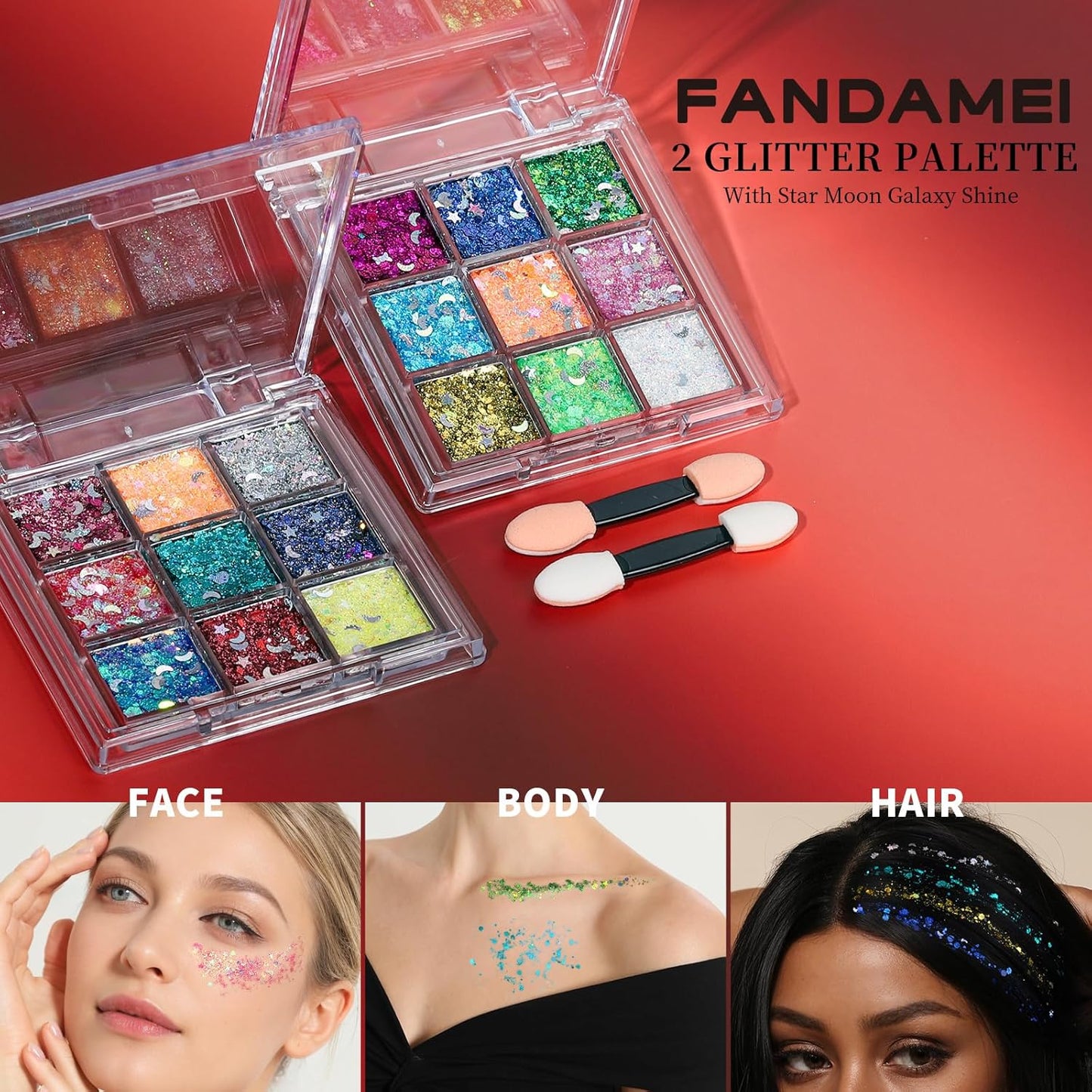 FANDAMEI Star&Moon Face Glitter, Body Glitter Hair Glitter for Glitter Makeup, 2 PCS Glitter Gel 18 Grids for Body&Hair for Kids Women, Halloween Rave Party Face Paint