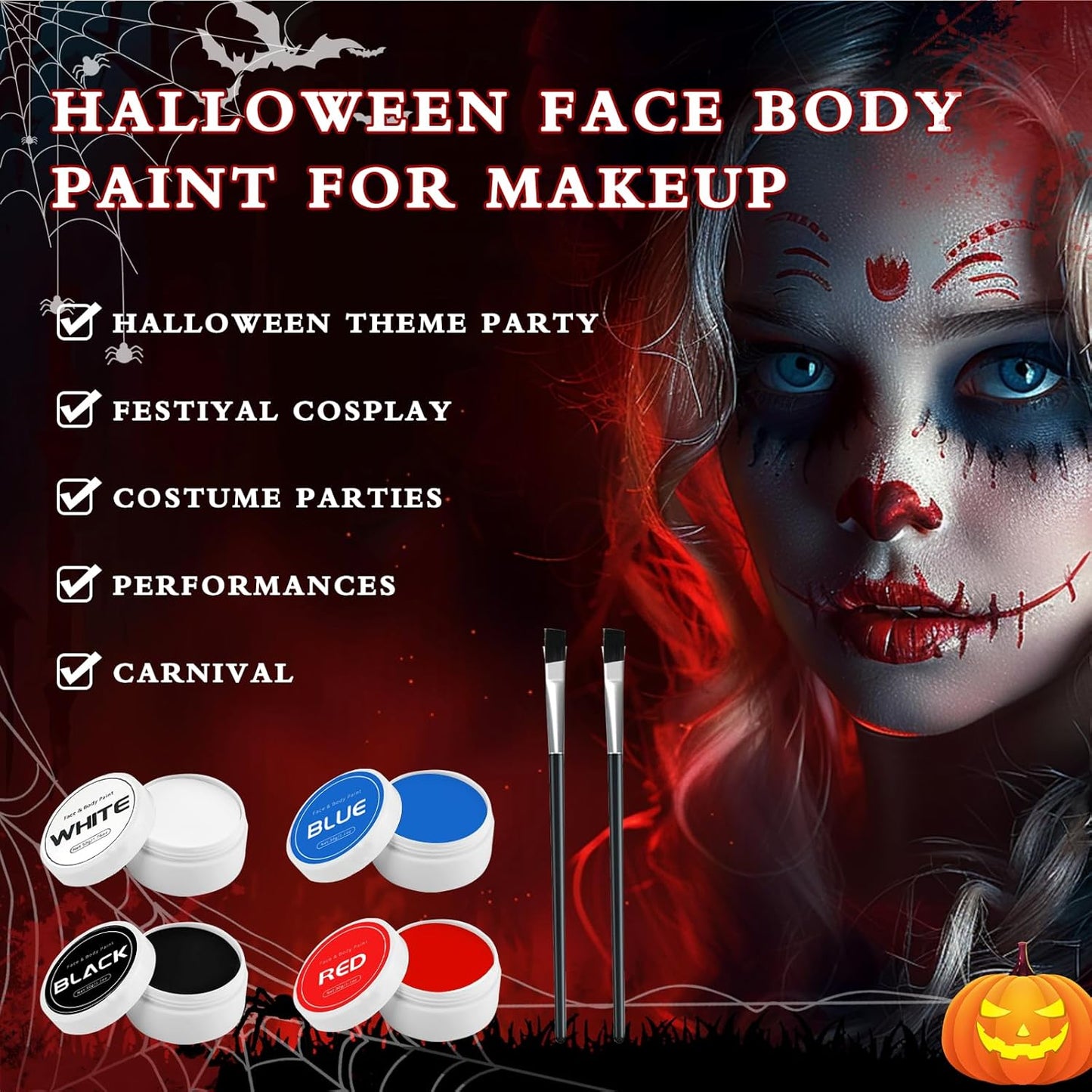 Halloween Clown Makeup Kit: Red White Black Blue Face Body Paint Kit - Pro Oil Based Halloween Face Body Paint for Adults Kids - Clown Movie Cosplay SFX Halloween Makeup Painting Set