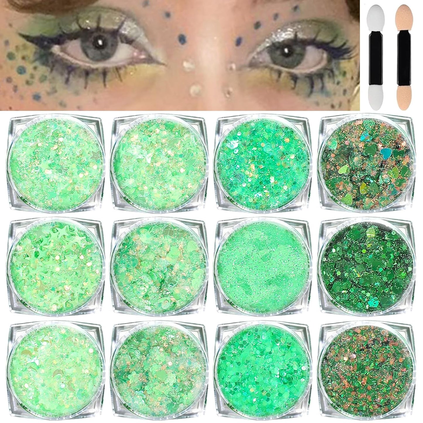 Body Glitter Face Glitter, Hair Glitter for Kids, 12 Shapes Fine Chunky Glitter Gel for Women Girls Makeup Sparkles Party Mermaid Sequins Rave Accessories Singer Concerts Festival (Green Scheme)