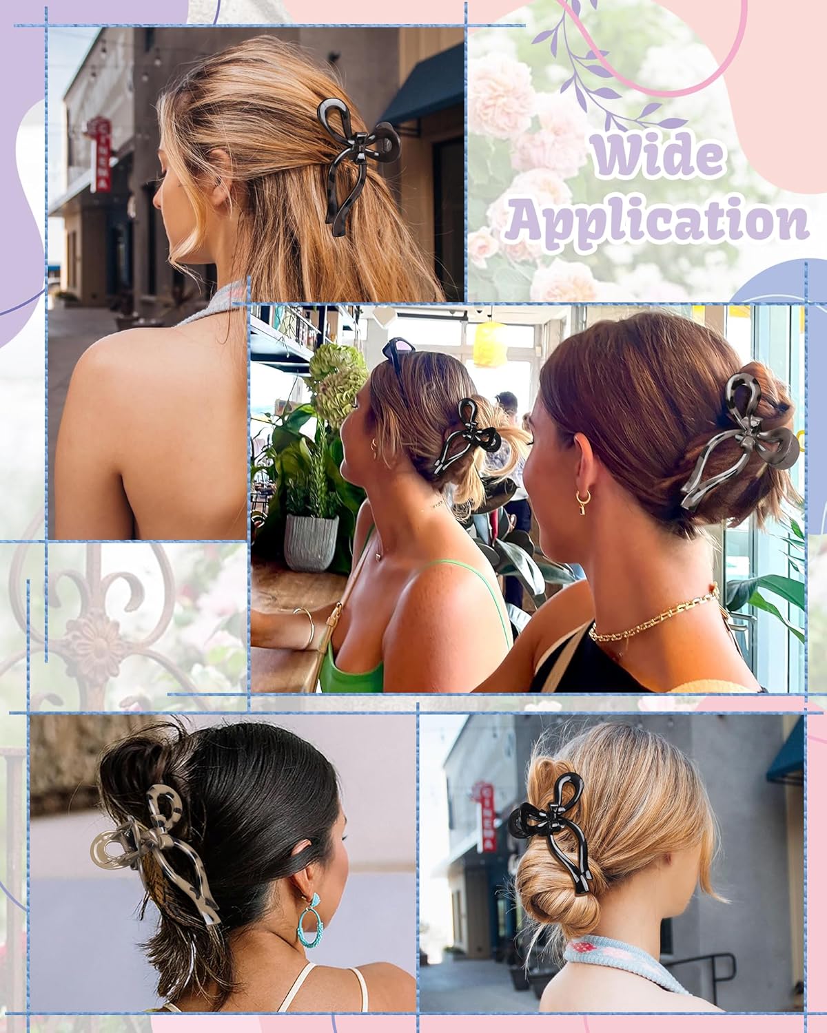 4 PCS Bow Hair Clips Bow Claw Clip for Women Nonslip Large Hair Claw Clips for Thin and Thick Hair Strong Hold Hair Bows (Black+Leopard Print)