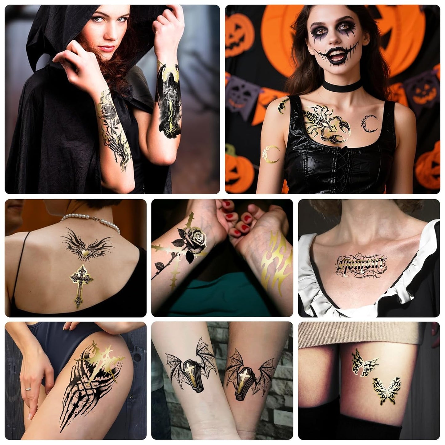 42 Sheets Gothic Temporary Tattoo, 12 Sheets Metallic Skull Cat Snake Spider Crow Half Arm Scary Fake Tattoos for Adults Men Women, 30 Sheets Small Tattoos Stickers for Party Supplies