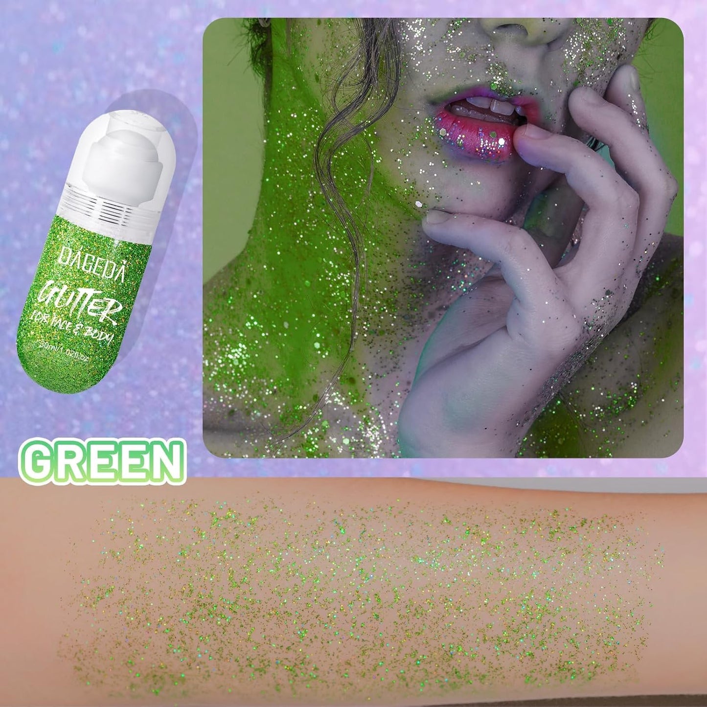 DAGEDA Green Body Glitter Gel, Roll-on Face Glitter for St Patricks Day Festival Rave Accessories, Holographic Hair Glitter Gel,Body Shimmer Mardi Gras Makeup for Rave Party
