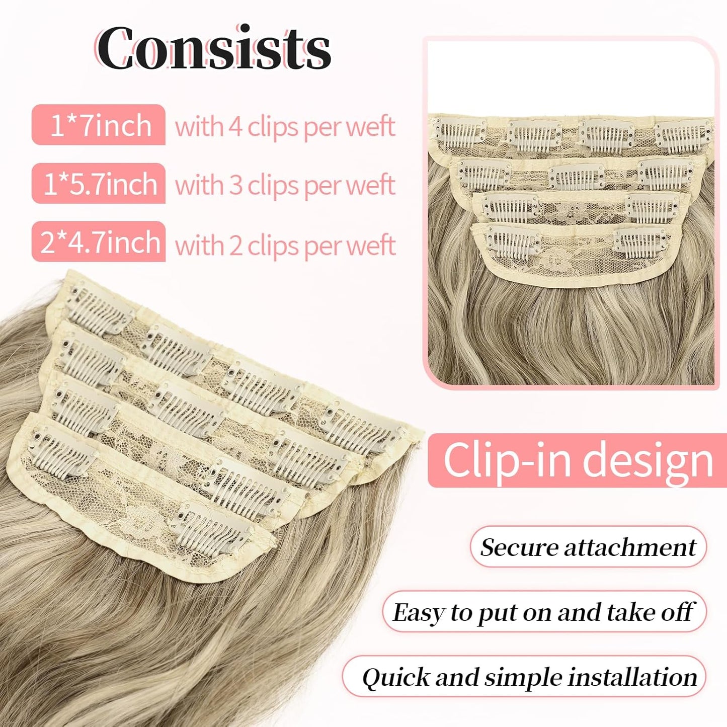 KooKaStyle Clip in Synthetic Highlight Hair Extensions Long Wavy 4PCS Thick Hairpieces Ashy Beige Blonde Balayage Fiber Double Weft Natural Hair Extensions 20 Inch for Women