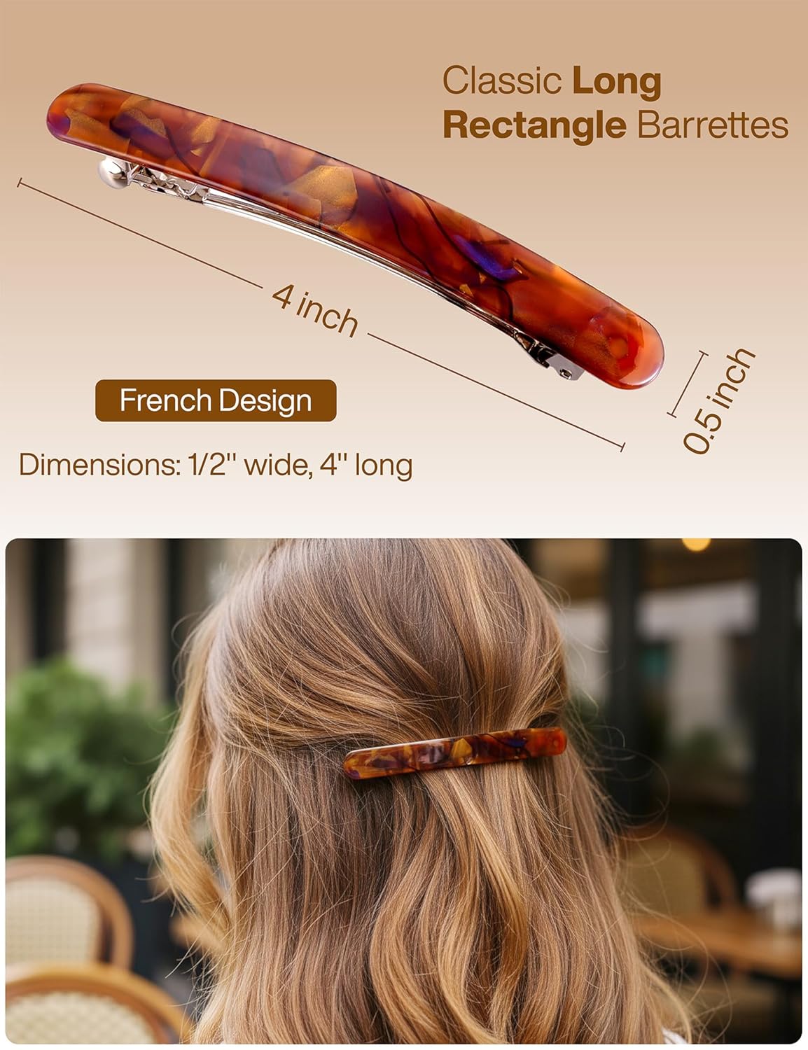 4 Inch Large Hair Barrettes for Women - Strong Hold French Clips for Thick/Thin Hair, Tortoiseshell Acetate Accessories for Ponytail, Half-Up Hairstyles - 3 Pack (Brown, Green, Grey Black)