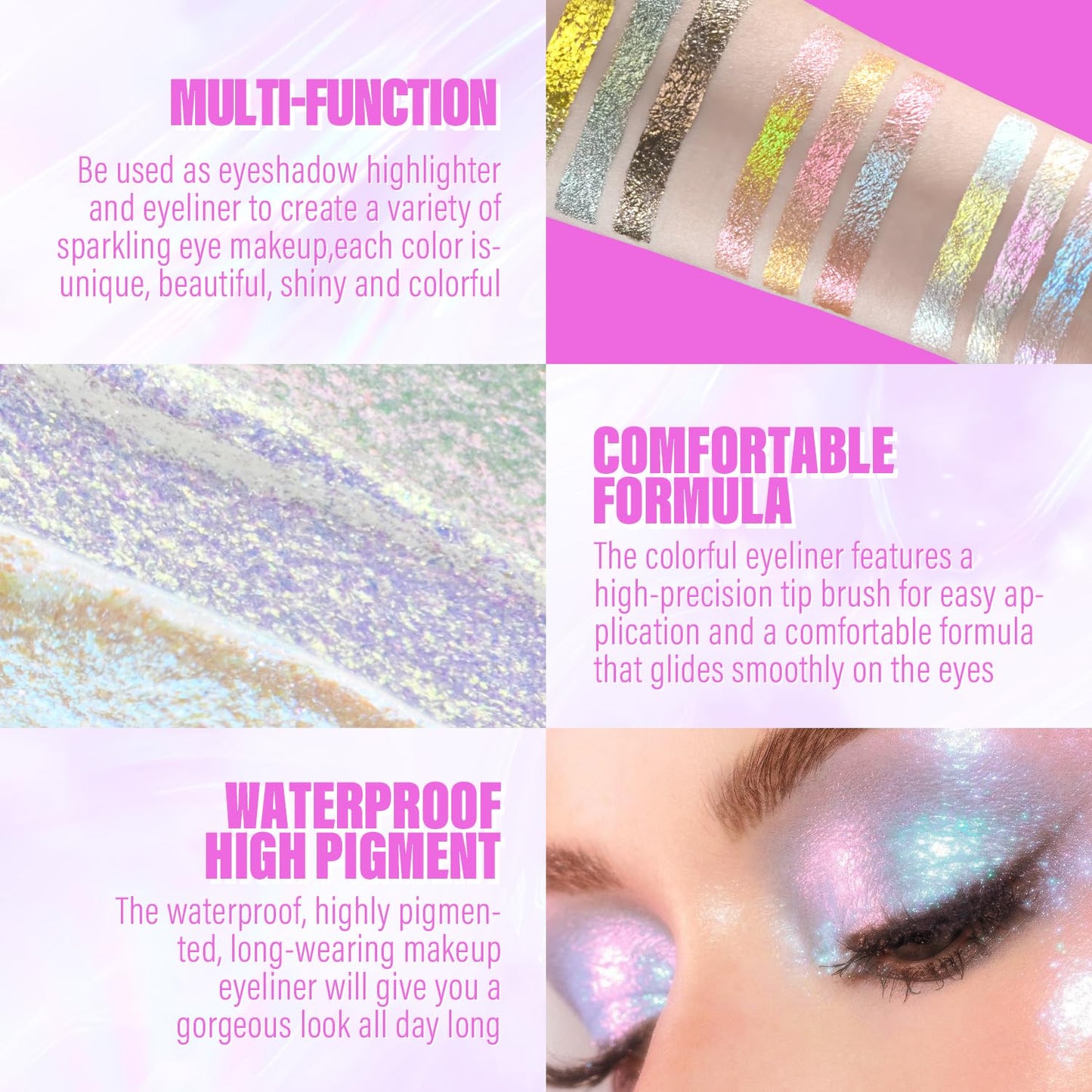 Multichrome Liquid Eyeshadow Set,3 Colors Multi-Dimensional Eye Liner Makeup,High Pigment Waterproof Metallic Eye Shadow,Ultre Fine Tip Glitter Eyeshadow (04 wonder+05 sunrise+06 dusk)