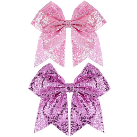 Large Big 7 Inch Glitter Bow Clip Sequin Bling Party Hair Accessories for Women Teens Girls Kids 2 Pcs (Pink, Light Purple)