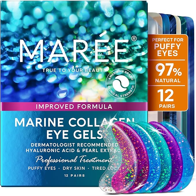 MAREE Eye Gels - Under Eye Patches for Puffy Eyes and Dark Circles with Natural Marine Collagen & Hyaluronic Acid - Anti-Aging Masks for Face to Soothe Puffiness