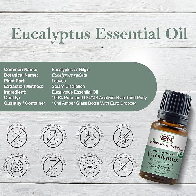 Eucalyptus Essential Oil USDA Certified Organic 100% Pure Premium Therapeutic Grade, Undiluted - Aromatherapy Diffuser for Calm and Relaxation, Skin Care, Hair Care
