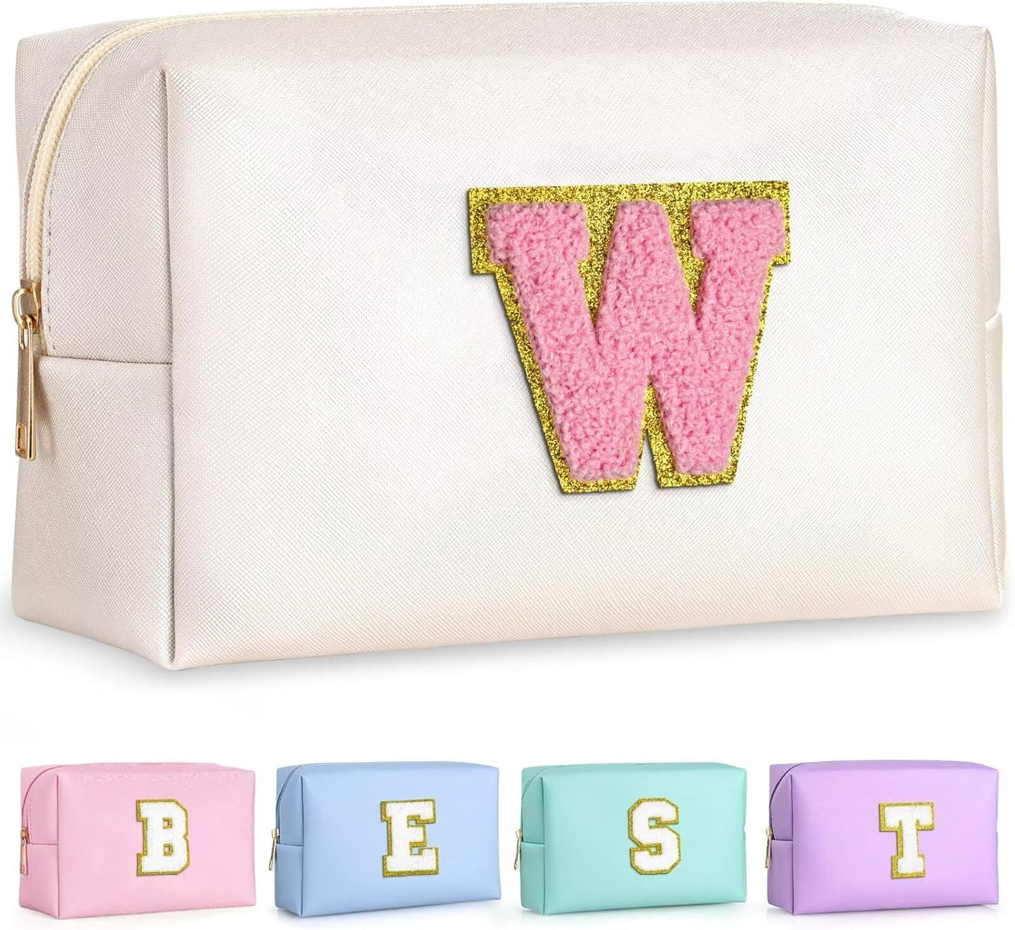 TOPEAST Initial Makeup Bags for Women, Cute Makeup Pouch, Waterproof Travel Toiletry Bag, Personalized Gifts for Girlfriend on Valentine's Day Anniversary, Preppy Stuff Gift for Girl (Pearly White W)