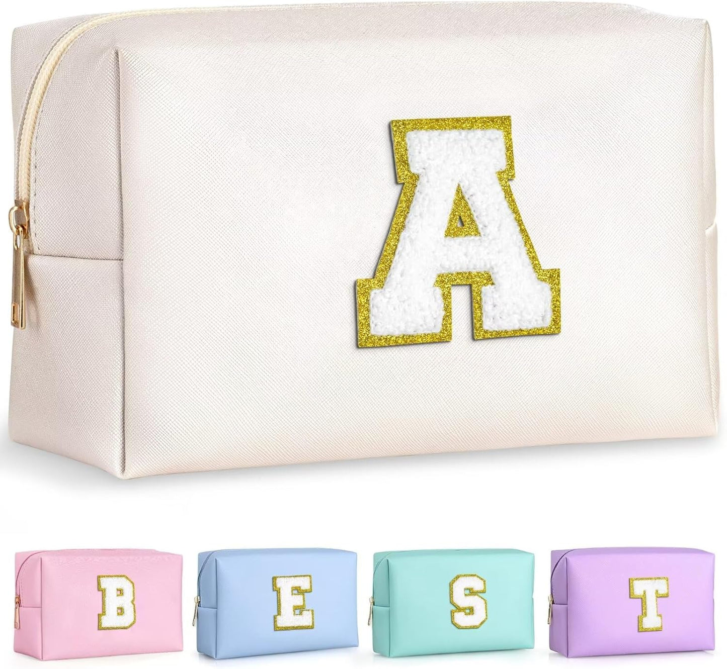 TOPEAST Initial Makeup Bag, Personalized Initial Bags with Zipper, Cute Makeup Pouch, PU Leather Waterproof Cosmetic Bag, Birthday Gift for Women, Preppy Things for Girls (White A)