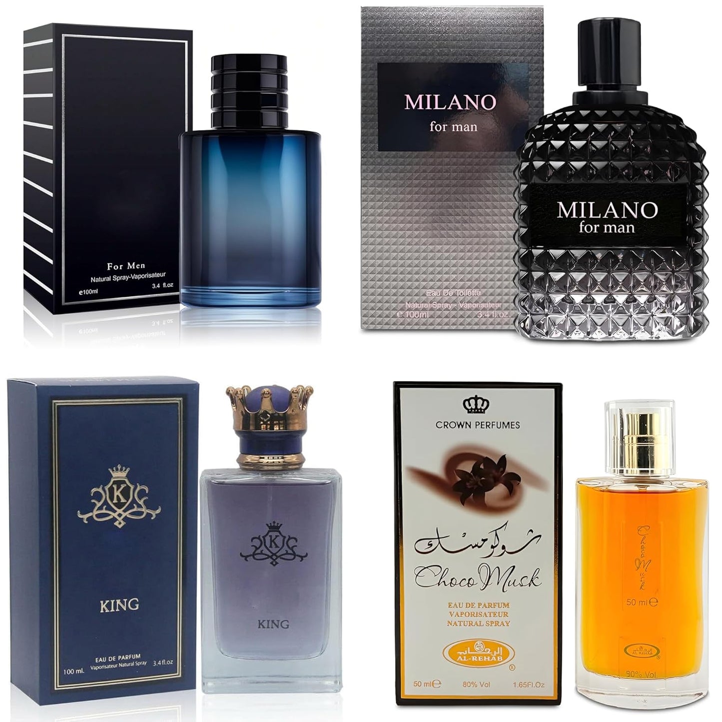 4-Piece Cologne for Men Includes Choco Musk/SE/King/Milano Scent of Woody, Spicy, Citrus & Aromatic eau de parfum Men Gift Set Each 100Ml for Daily Use