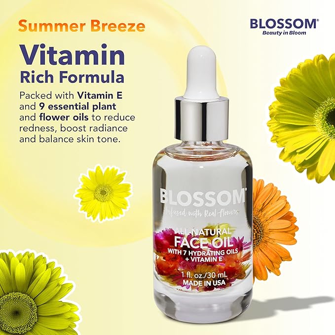 Blossom Unscented All Natural, Vegan, Cruelty Free Face Oil with Vitamin E, Infused with Real Flowers, Made in USA, 1 fl. oz., Summer Breeze