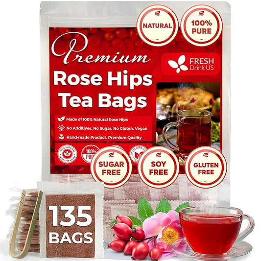 FreshDrinkUS, Premium 135 Rosehip Tea Bags, 100% Natural & Pure from Rose Hip Fruits. Loose Rosehip Herbal Tea. Made with Natural Material Tea Bags. No Sugar, No Caffeine, No Gluten, Vegan.