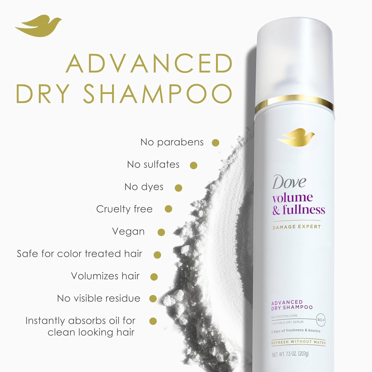 Dove Advanced Advanced Dry Shampoo Volume & Fullness Refresh & Revive Flat Hair Without Water for 2 Days of Freshness & Bounce 7.3 oz