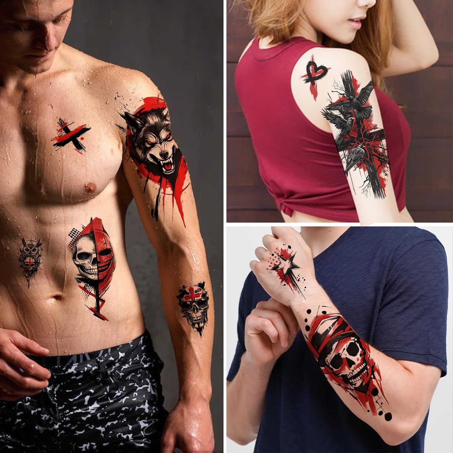 77 Sheets Temporary Tattoos, 17 Sheets Half Arm Black & Red Trash Polka Skull Heart Wolf Crow Cat Cross Flower for Adults Shoulder Neck, 60 Sheets Small Fake Tattoo Sticker for Teen Men Women Body Art