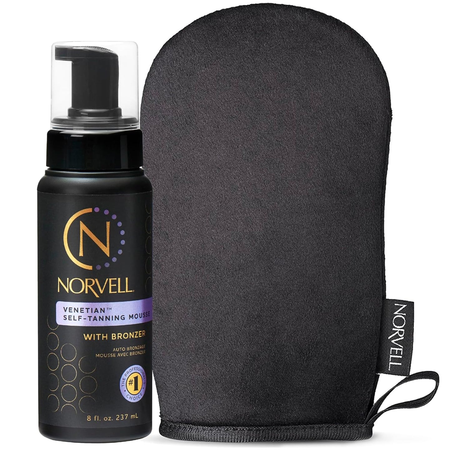 Norvell Sunless Self Tanning Bundle - Venetian Self Tanner Mousse with Bronzer, 8 Fl Oz + Streak-Free Tan Applicator Mitt - Premium Natural Looking Self Tanning Foam and Washable Self Tan Mitt