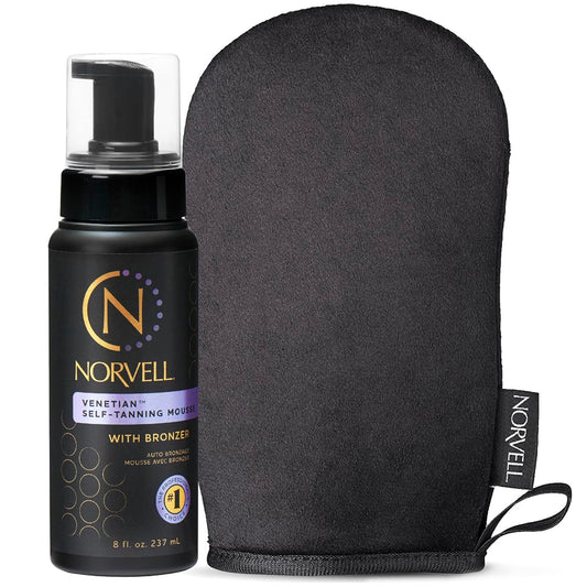 Norvell Sunless Self Tanning Bundle - Venetian Self Tanner Mousse with Bronzer, 8 Fl Oz + Streak-Free Tan Applicator Mitt - Premium Natural Looking Self Tanning Foam and Washable Self Tan Mitt